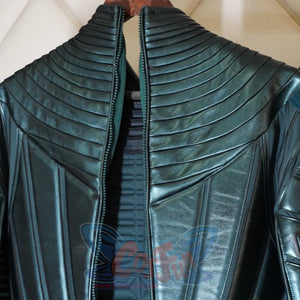 Green Goblin Norman Osborn cosplay costume side detail shows angular green armor panels over the bodysuit