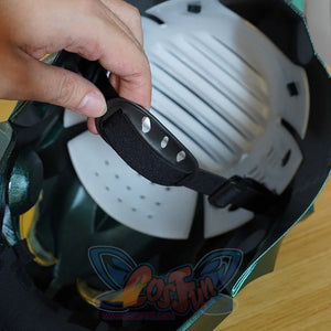 Green Goblin Norman Osborn cosplay helmet padding detail shows white interior panels and black straps