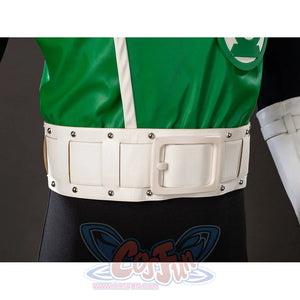 Green Lantern Guy Gardner cosplay belt detail wraps white panels and silver rivets around the waist.