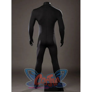 Green Lantern Guy Gardner cosplay bodysuit back view follows the black stretch fabric from neck to legs.
