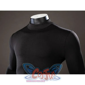 Green Lantern Guy Gardner cosplay bodysuit shoulder detail smooths black stretch fabric around the collar.