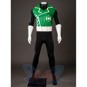 Green Lantern Guy Gardner cosplay costume centers the green jacket, black bodysuit, white gloves, and belt.