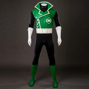 COSFUN Green Lantern Guy Gardner cosplay costume layers a green vest jacket over a black bodysuit and white belt.