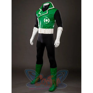 Green Lantern Guy Gardner cosplay costume side view sets the green vest jacket above the black bodysuit.