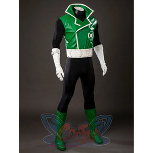 Green Lantern Guy Gardner cosplay costume angles the green vest jacket across a black bodysuit and white gloves.