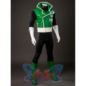 Green Lantern Guy Gardner cosplay costume angles the green vest jacket across a black bodysuit and white gloves.