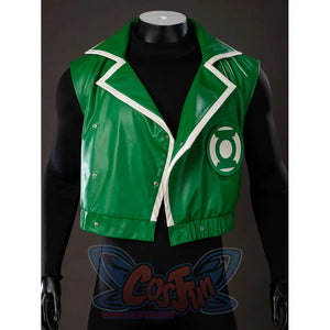 Green Lantern Guy Gardner cosplay cropped vest jacket front view highlights green panels and white trim.