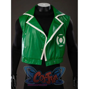 Green Lantern Guy Gardner cosplay cropped vest jacket front view highlights green panels and white trim.