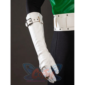 Green Lantern Guy Gardner cosplay glove detail layers a white wrist strap beside the matching belt.