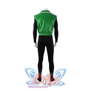 Green Lantern Guy Gardner cosplay costume back view shows the plain green vest over black sleeves