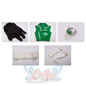 Green Lantern Guy Gardner cosplay costume flat lay arranges the bodysuit, vest jacket, belt, gloves, and ring.