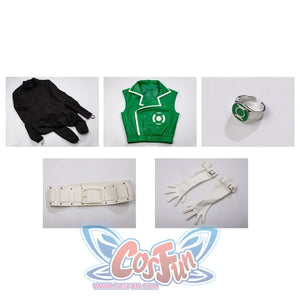 Green Lantern Guy Gardner cosplay costume flat lay arranges the bodysuit, vest jacket, belt, gloves, and ring.