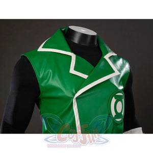 Green Lantern Guy Gardner cosplay vest jacket detail layers white lapel trim across glossy green panels.