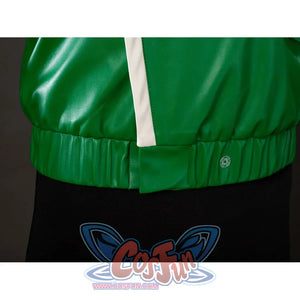 Green Lantern Guy Gardner cosplay vest jacket hem detail gathers green faux leather above black fabric.
