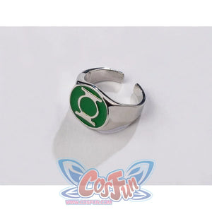 Green Lantern Guy Gardner cosplay ring close-up sets a green lantern emblem into a silver-tone band.