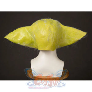 Grogu cosplay headpiece and claws curve outward to define the pointed ear silhouettes and textured finish of the piece.