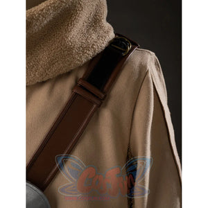 Grogu cosplay costume gathers a textured sherpa fleece collar above a soft woolen outer robe with a faux leather strap.