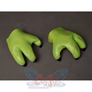 Grogu cosplay headpiece and claws curve into three-fingered shapes with pointed black tips made of textured green latex.