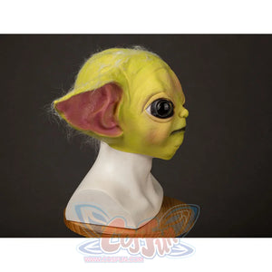 Grogu cosplay headpiece and claws curve into a lifelike alien shape with textured green skin and wispy synthetic hair.