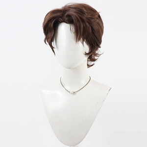 Angled front view of Gustave cosplay wig from Clair Obscur Expedition 33 with side-swept bangs and brown layers