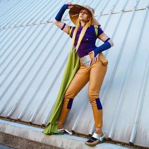 COSFUN Anime Gyro Zeppeli cosplay costume layers a green cloak over a purple top and tan pants.