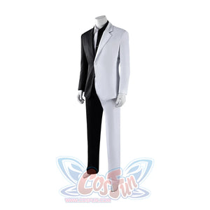 Harvey Dent Two-Face cosplay costume angled view balances black and white blazer halves over matching pants.