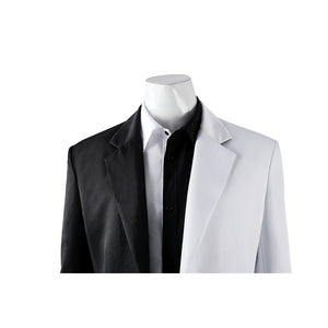 Harvey Dent Two-Face cosplay shirt close-up layers black and white collar panels over the jacket.