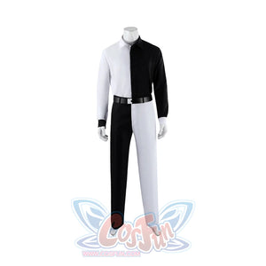 Harvey Dent Two-Face cosplay costume front view lines a black belt across the split suit.