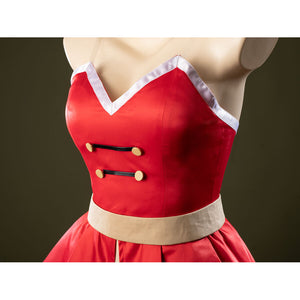 Detail of Charlie Morningstar prom dress bodice with red satin panels, white trim, gold buttons and beige waist