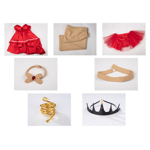 Flat lay of Charlie Morningstar costume set with dress, trousers, ballet petticoat, neckband, waist corset, crown and snake bracelet