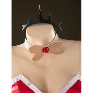 Close-up of Charlie Morningstar crown and choker set with black pointed crown, beige band and red gem accent