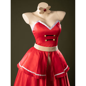 Close-up of Charlie Morningstar prom dress bodice with sweetheart neckline, white trim, gold buttons and red satin