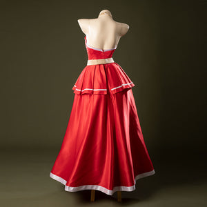 Back view of Charlie Morningstar prom dress cosplay costume with open back, zipper closure and layered red skirt