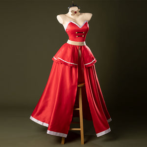 Front view of Charlie Morningstar prom dress cosplay costume with red satin skirt, sweetheart bodice and beige waist panel