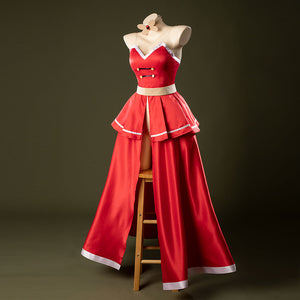 Three-quarter view of Charlie Morningstar prom dress cosplay costume with red satin panels, white trim and beige waist band