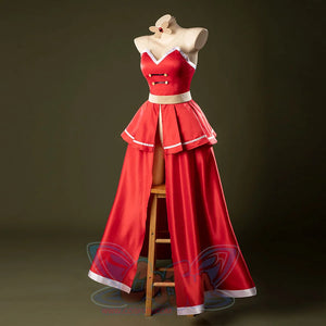 Three-quarter view of Charlie Morningstar prom dress cosplay costume with red satin panels, white trim and beige waist band