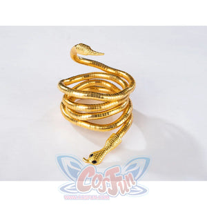 Product view of Charlie Morningstar snake arm cuff with gold coiled body, black eyes and open bracelet ends