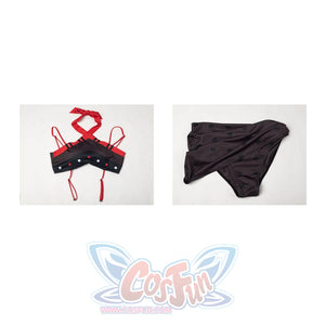 Hazbin Hotel Husk cosplay swimsuit flat lay pairs the red-tied bikini top beside skirted bottoms.
