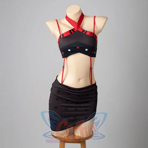 COSFUN Hazbin Hotel Husk cosplay swimsuit front view layers red cross straps over a black skirt wrap.