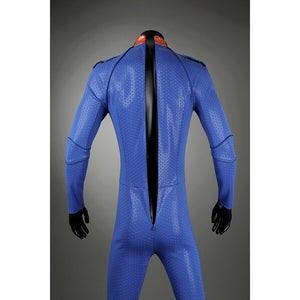 Back view of Homelander cosplay bodysuit from The Boys with zipper and seam lines displayed flat