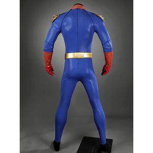 Front view of Homelander cosplay bodysuit from The Boys with red chest panel displayed on a mannequin