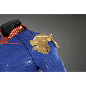 Close-up of Homelander cosplay costume shoulder armor from The Boys with gold eagle detail