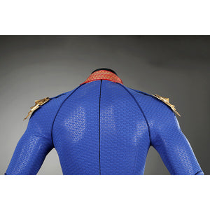 Back upper body view of Homelander cosplay costume from The Boys with blue textured fabric and center seam