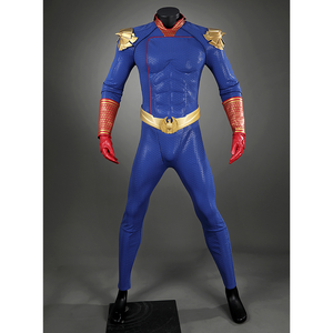 Back view of Homelander cosplay costume from The Boys with blue bodysuit, gold belt and back seams displayed on a mannequin