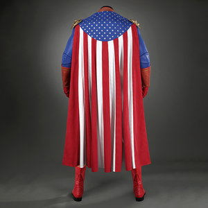 Back view of Homelander cosplay costume from The Boys with blue star cape, red and white stripes and red boots displayed on a mannequin