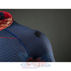 Homelander cosplay costume shoulder detail places a black attachment tab on blue scaled fabric.