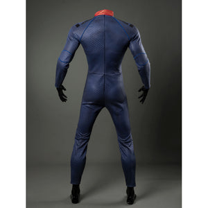 Homelander cosplay costume jumpsuit back view follows blue scale texture along the center zipper line.