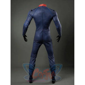 Homelander cosplay costume jumpsuit back view follows blue scale texture along the center zipper line.