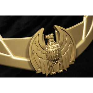 Close-up of Homelander cosplay costume belt buckle from The Boys with gold eagle detail