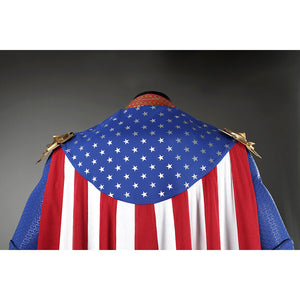 Back detail of Homelander cosplay costume cape from The Boys with blue star yoke and red and white stripes
